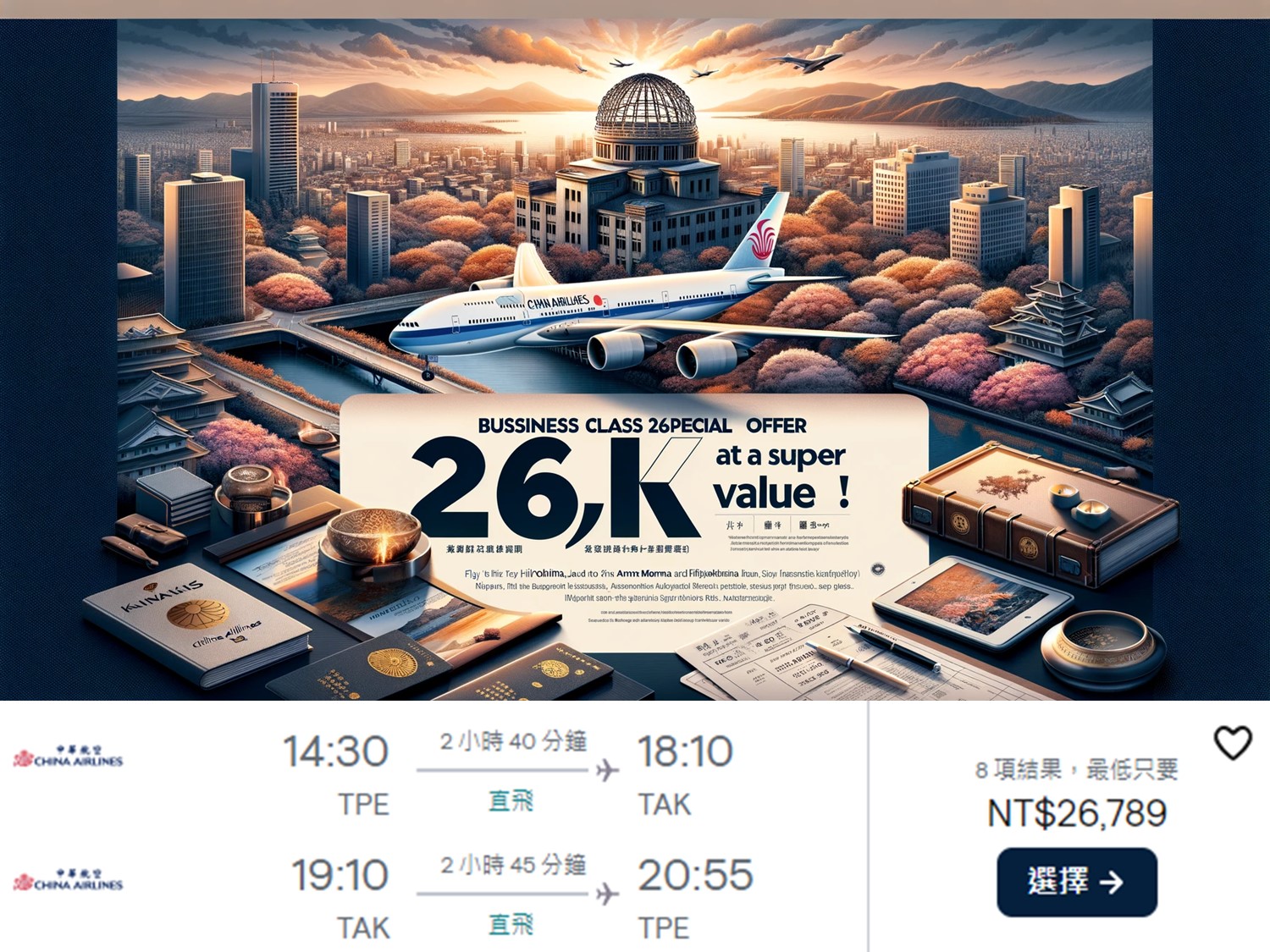 240605 特價機票快報 【中華航空China Airlines】商務艙24K特價！飛日本廣島、高松超划算